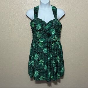 Cocopear Black & Green Leaf Print Swimdress
